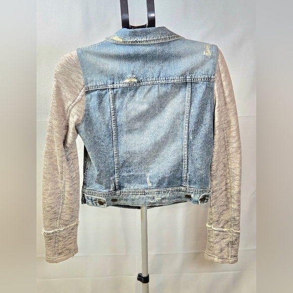 Free People Denim Knit Boho Soft Grunge Distressed Jean Jacket, Small - Picture 2 of 4